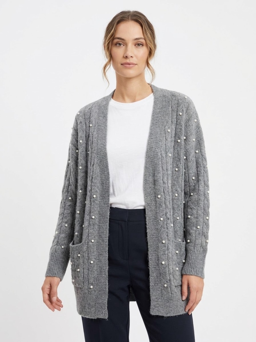 ADORA Gray Pearl-Embellished Open Cardigan